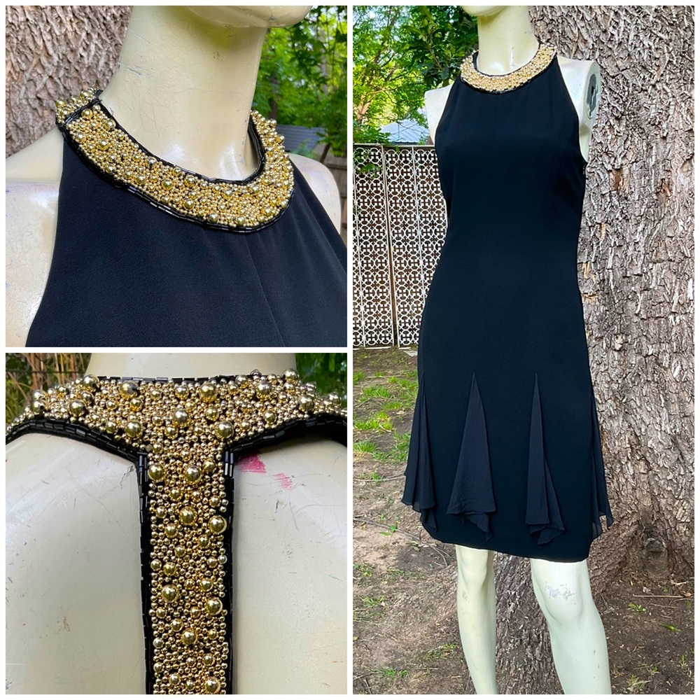 Vintage 90s Neiman Marcus Beaded Collar Cocktail Dress Chiffon Size 8